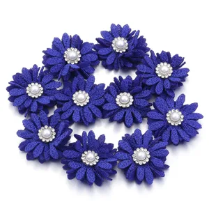 Flores de tela azul con perlas diamantes para ropa zapatos accesorios de bricolaje.