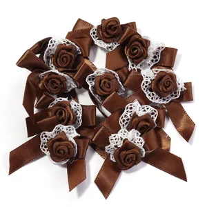 Brown satin ribbon rose appliques with white lace trim for diy lolita hair clips and crafts.