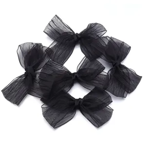 Black organza sheer bow appliques for clothing hair accessories DIY crafts 5pcs