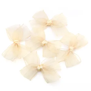 Close-up detail of sheer organza fabric bow decoration, elegant texture and delicate design.