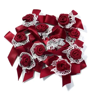 Burgundy ribbon rose lace bow accessories detail view, crafted for lolita hair clips and crafts.