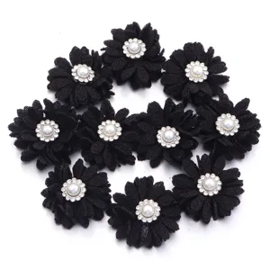 Aplicaciones de flores de tela negra con perlas y estrás para manualidades de ropa.