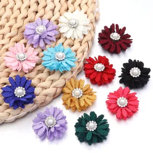Flores de girasol de tela con perlas diamantes de imitación para ropa y accesorios