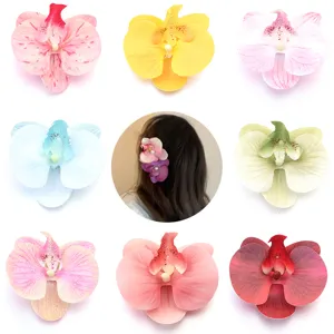 Artificial fabric orchid hair clip detail, multi-color phalaenopsis floral hair accessory display.
