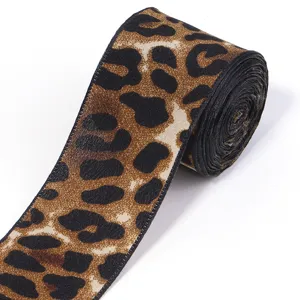 Leopard print imitation silk ribbon roll for gift wrapping, hair accessories, DIY crafts.