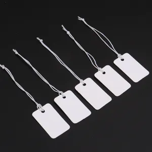 White blank price tags with elastic strings for jewelry, clothing and retail display use.