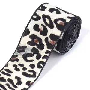 Leopard print imitation silk ribbon with black edge for gift wrapping and DIY crafts.