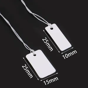 Blank white hang tags with elastic string for jewelry, clothing, and price display.