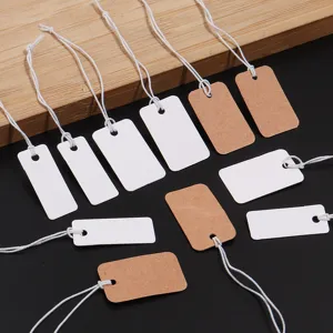 Blank paper hang tags with elastic strings for jewelry, clothing, and price display details.