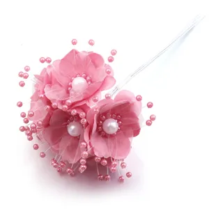 Ramo de flores de camelia de tela artificial rosa con estambres de perlas para decoración de bodas