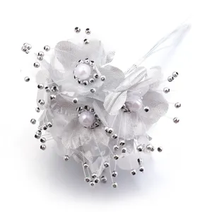 Ramo de flores de tela artificial plateada malla perla DIY boda decoración detalle vista