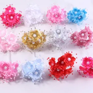 Ramos de flores de camelia de tela artificial con pistilos de perla para bodas DIY