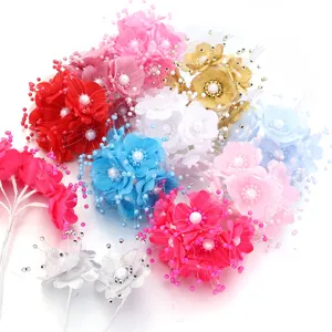 Flores artificiales de tela ramo de camelias con estambres de perlas para boda DIY