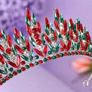 Stunning red and green crystal tiara crown headband for Christmas party, holiday, and celebration.