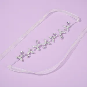 Silver crystal butterfly hair vine headband with white ribbons for wedding bridal parties.
