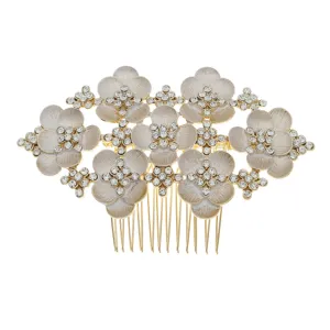 Elegantly crafted floral hair comb with sparkling rhinestones, perfect for wedding updo hairstyles.
