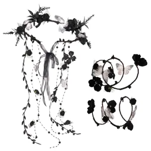 Gotisches schwarzes Blumen-Haarband und Haarreif-Set mit Netzschmetterlingen und Perlen.