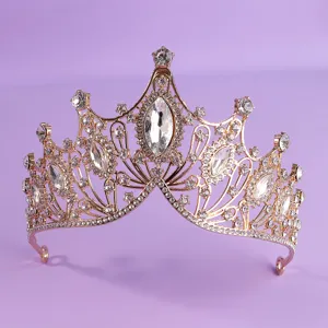 Baroque rose gold crown tiara with sparkling clear crystals for wedding party pageant prom.
