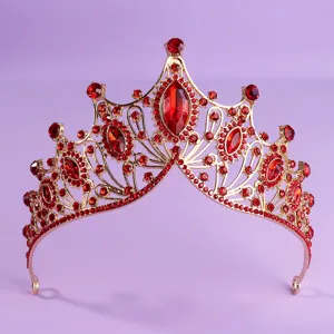 Baroque Gold Red Rhinestone Crown Tiara for Wedding Party Pageant Costume Headpiece