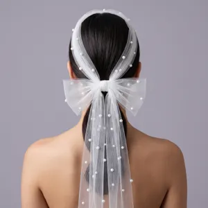 Elegant White Mesh Wedding Veil Bowknot Artificial Pearls Fairy Tulle Bridal Headpiece For Photoshoot Banquet Women