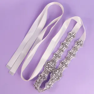 Stunning rhinestone bridal belt with white ribbon for wedding party gown sash accessory.