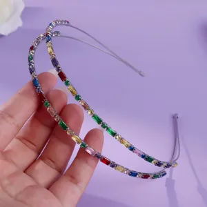 Crystal rhinestone thin metal headband, colorful baguette gemstone hair hoop for women and girls.