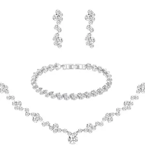 Elegant silver rhinestone jewelry set including necklace, earrings, and bracelet for bridal wedding.