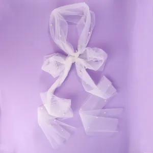 White tulle veil hair accessory with faux pearls elegant bridal headpiece for wedding party