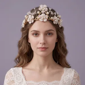 Handmade Artificial Pearl Rhinestone Crown Bridal Wedding Tiara Luxury Floral Pageant Headpiece For Women Party Hair Accessory