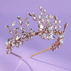 Rose Gold Rhinestone Tiara Crystal Leaf Bridal Headband Wedding Hair Accessory for Women