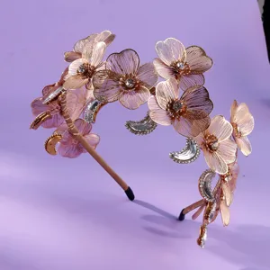 Elegant Rose Gold Floral Crescent Moon Tiara Wedding Party Rhinestone Hair Band Accessory