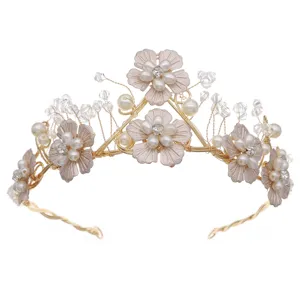 Bridal pearl tiara handmade gold crystal hair vine wedding party hair accessories hair jewelry
