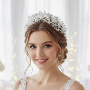 Elegant bridal pearl and ceramic flower tiara, exquisite wedding rhinestone hair accessory crown.