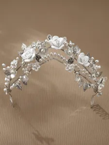Elegant bridal tiara with white clay roses pearls and silver leaves for wedding hair accessories.
