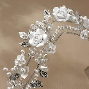 Bridal pearl clay flower tiara wedding hair comb elegant silver hair accessory for women