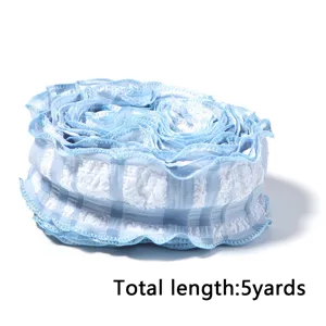 Blue and white checkered ruffled polyester ribbon, perfect for DIY bows, cake boxes and lace sewing.