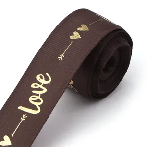 Brown gold foil love printed polyester ribbon for gift box wrapping and DIY crafts.