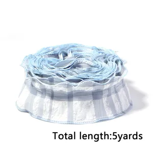 Blue white plaid ruffled ribbon 5 yards polyester trim for DIY bows gift box decoration crafts