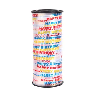 Close-up detail of a colorful Happy Birthday printed ribbon roll on a black spool for decor.