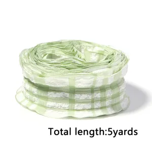 Green and white plaid pleated ribbon, perfect for DIY bows, gift boxes, and clothing decoration.