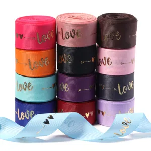 Polyester Bronzing Metallic Love Heart Printed Ribbon For Gift Box Packaging DIY Bow Craft Wedding Valentines Day Decoration