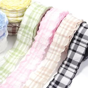Seersucker Plaid Ruffled Ribbon Trim for DIY Bows Gift Wrapping Floral Packaging Craft