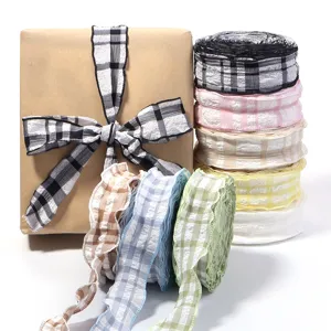 Polyester bubble plaid pleated ribbon for DIY gift box bow wrapping and garment sewing decor