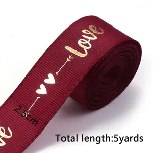Red polyester ribbon with gold foil love print 2.5cm width 5 yards for gift box packaging diy