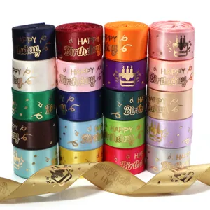 Happy Birthday Gold Bronzing Polyester Ribbon Printed Decorative Satin Ribbon For Gift Wrapping Party Cake Decoration DIY Craft Ribbon