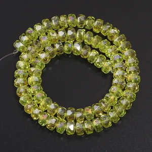 Faceted yellow green crystal rondelle spacer beads for DIY jewelry making and craft accessories.