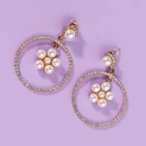 Elegant rhinestone hoop earrings with pearl flower design for daily wear and party.