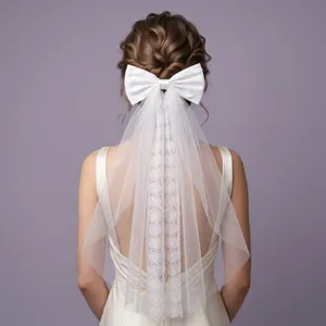 Koreaanse Minimalistische Witte Tule Bruidssluier Met Satijnen Strik Strass Bride Belettering Bruiloft Feest Accessoires