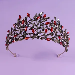 Vintage gothic red black crystal tiara queen crown for women wedding bridal party hair accessory