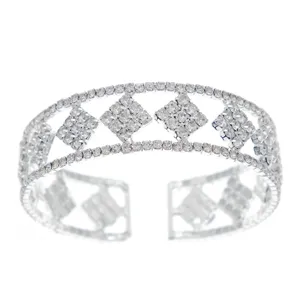 Silver rhinestone wide cuff bracelet, sparkling geometric open bangle for party and wedding.